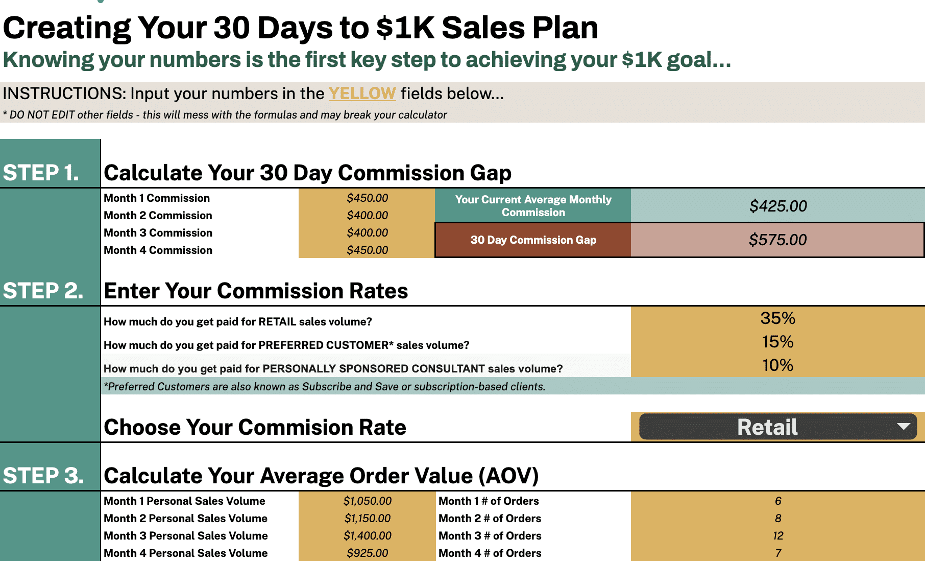 30 Days to $1k Sales Plan Calculator