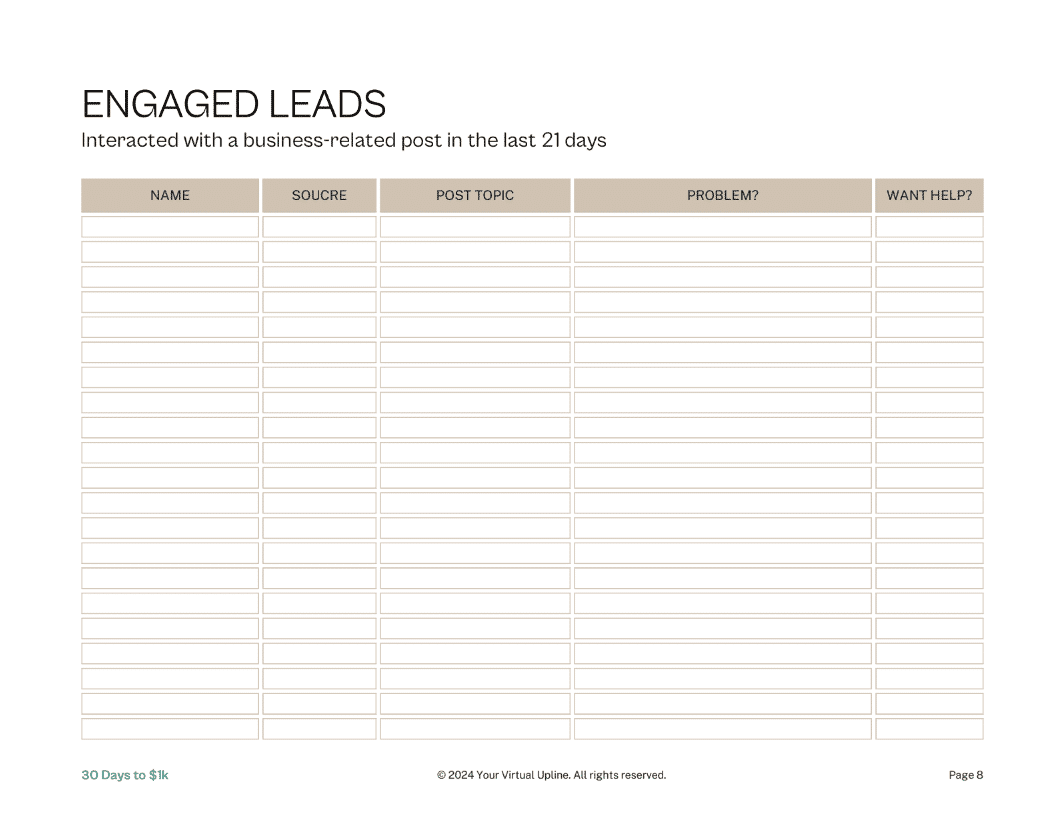 Hot Lead List Worksheets